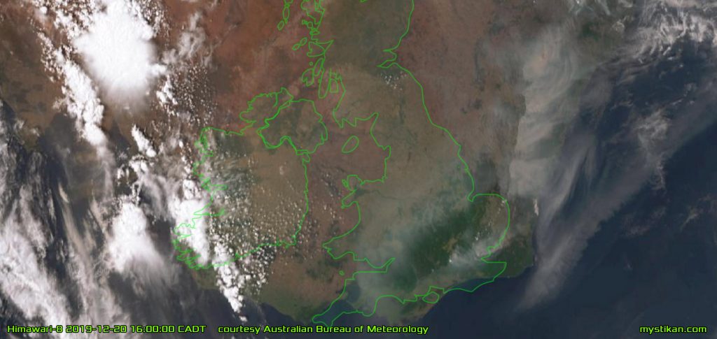 CLOSER TO HOME This zoomed in view of the Snowy Mountains and Gippsland bushfires, with the southern UK overlaid for scale, displays clearly delineated walls of fire barring passage. A lack of available water is hindering control efforts