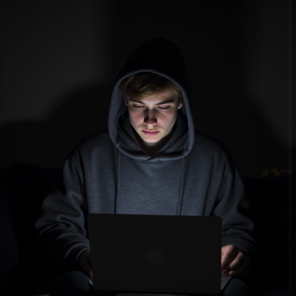 Young man with laptop in a dark room