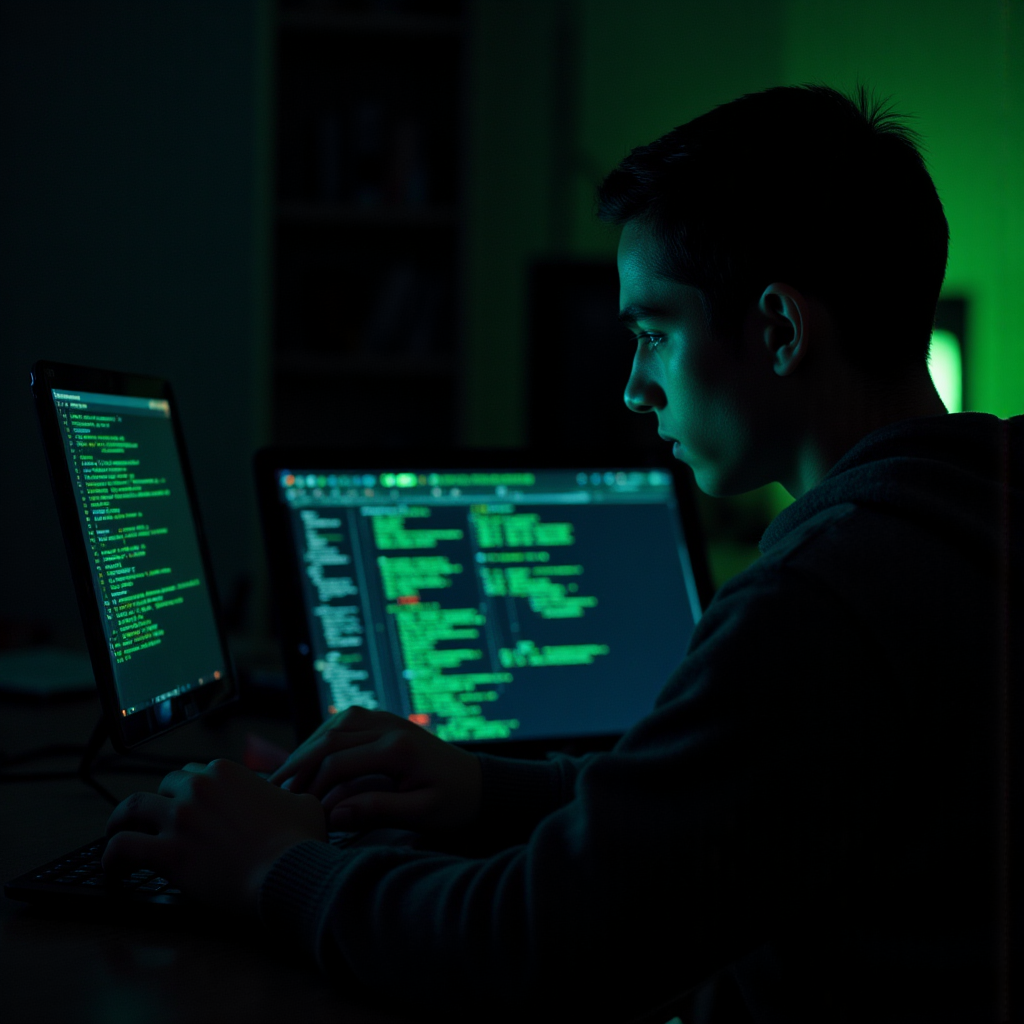 Young man using laptops with green text in dark room